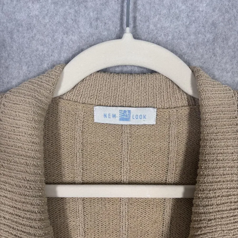 New Look Cardigan Sweater Large Tan Pockets Ribbed Neutral Quiet Luxury Academia